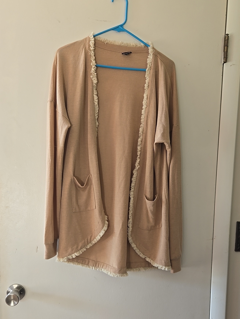 Light Tan Open-Front Fringed Women's Cardigan Sweater
